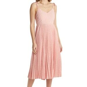 VICI Pink Polka Dot Pleated Midi Dress Tie Shoulder‎ Romantic Spring Size S